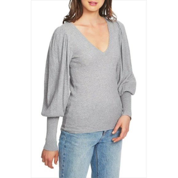 1.STATE Blouson Sleeve Textured Sweater Silver Heather - Picture 2 of 5
